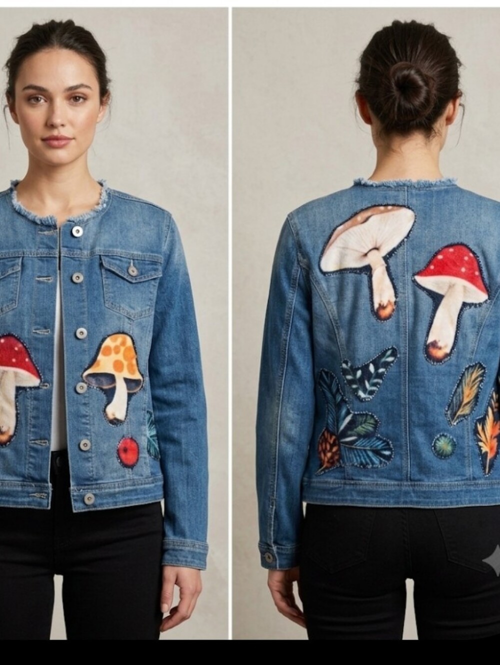 PLUSH MUSHroom Jean Jacket Sz L Fitted Upcycled Appliques